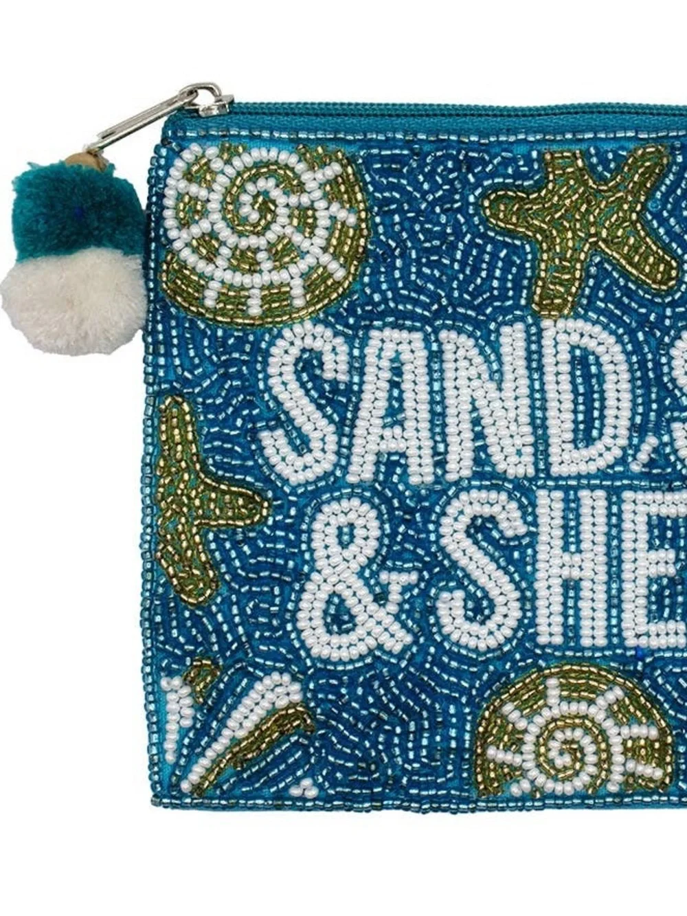 Key West Hand-Beaded ' Sand Sea Shells ' Blue Gold Clutch Coin Pouch